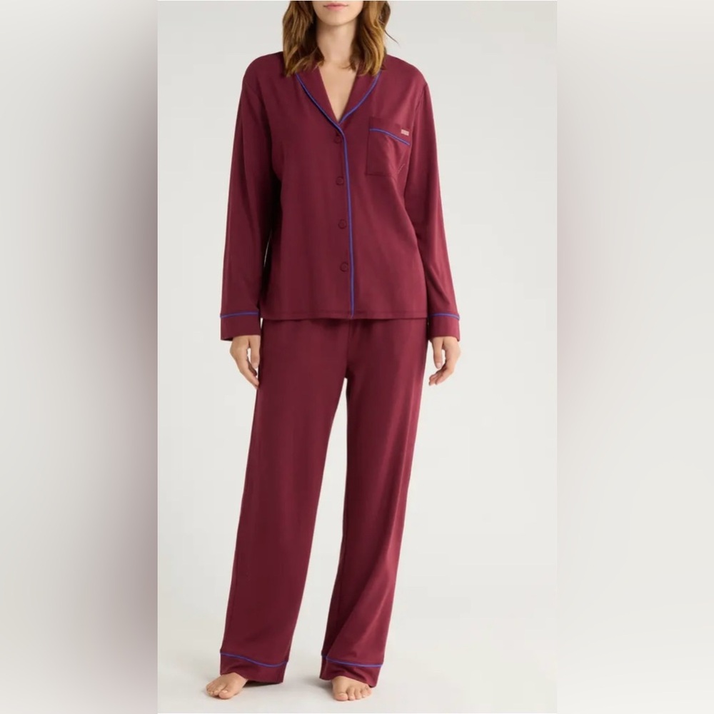 Lunya Luxurious Maroon Pajama Set with Blue Trim